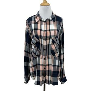 Sanctuary Shirt Womens S Small Navy Pink Chevron Plaid Snap Button Boyfriend